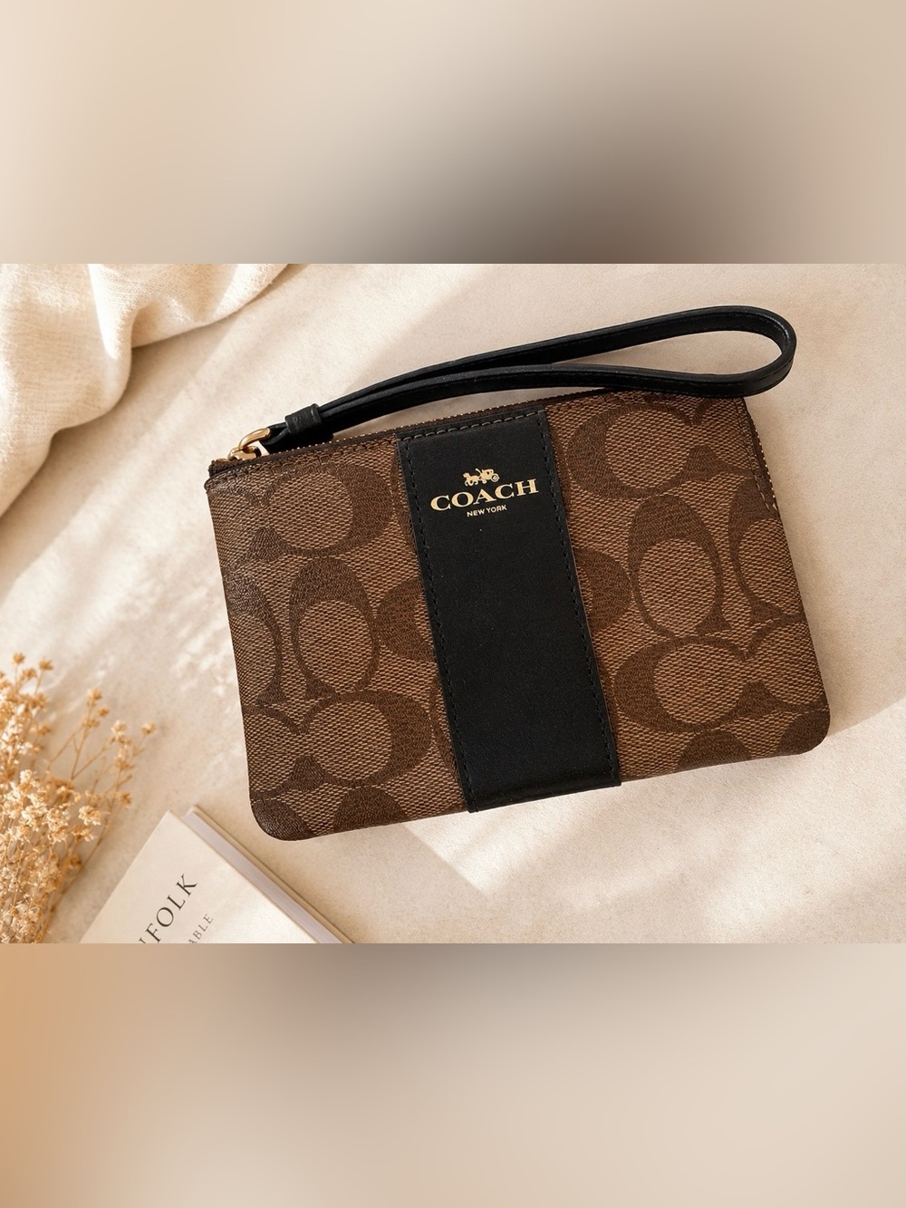 Coach Brown Signature Canvas Wristlet with Black Leather Band